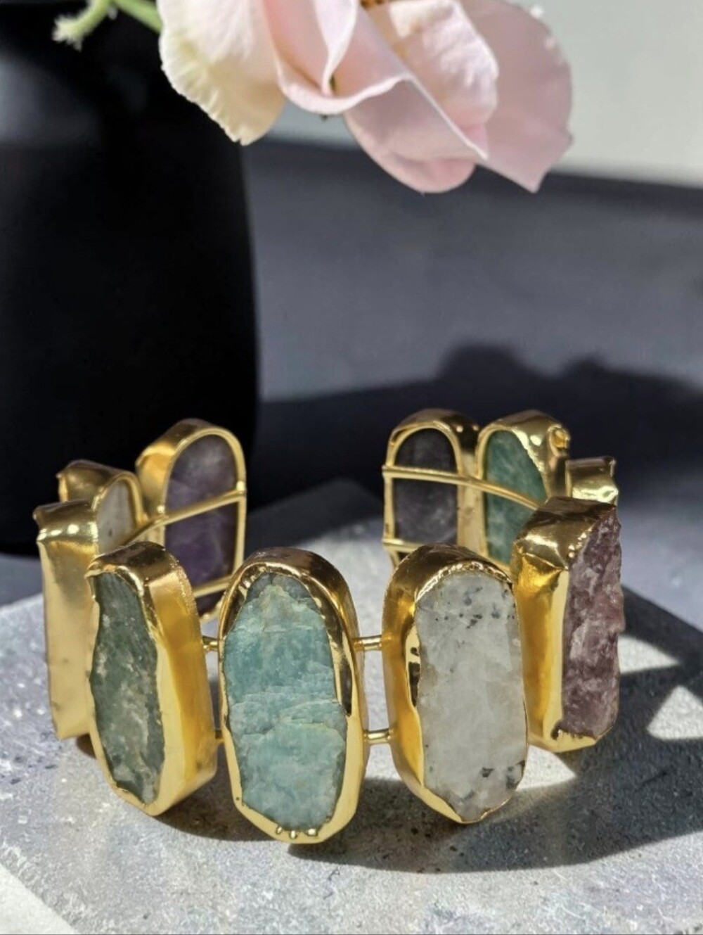 Massive 18k Gold Plated Artisan Genuine Raw Natural Stone Crystal Cuff Beacelet